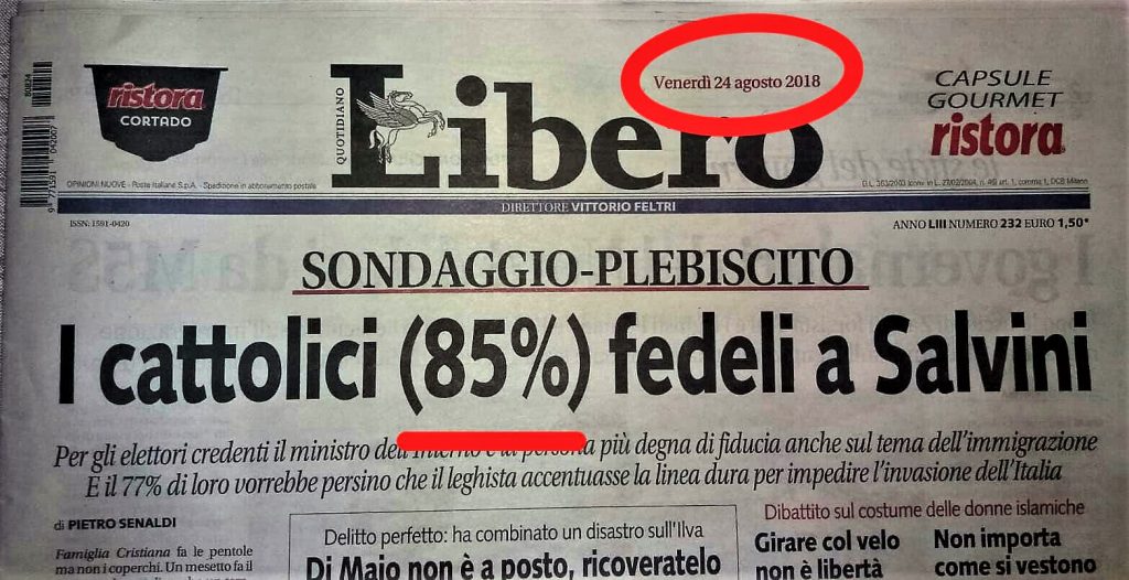 Immigrati, la bufala di Libero: “L’85% dei cattolici sta con Salvini”. Ma è tutto falso, ecco perché.